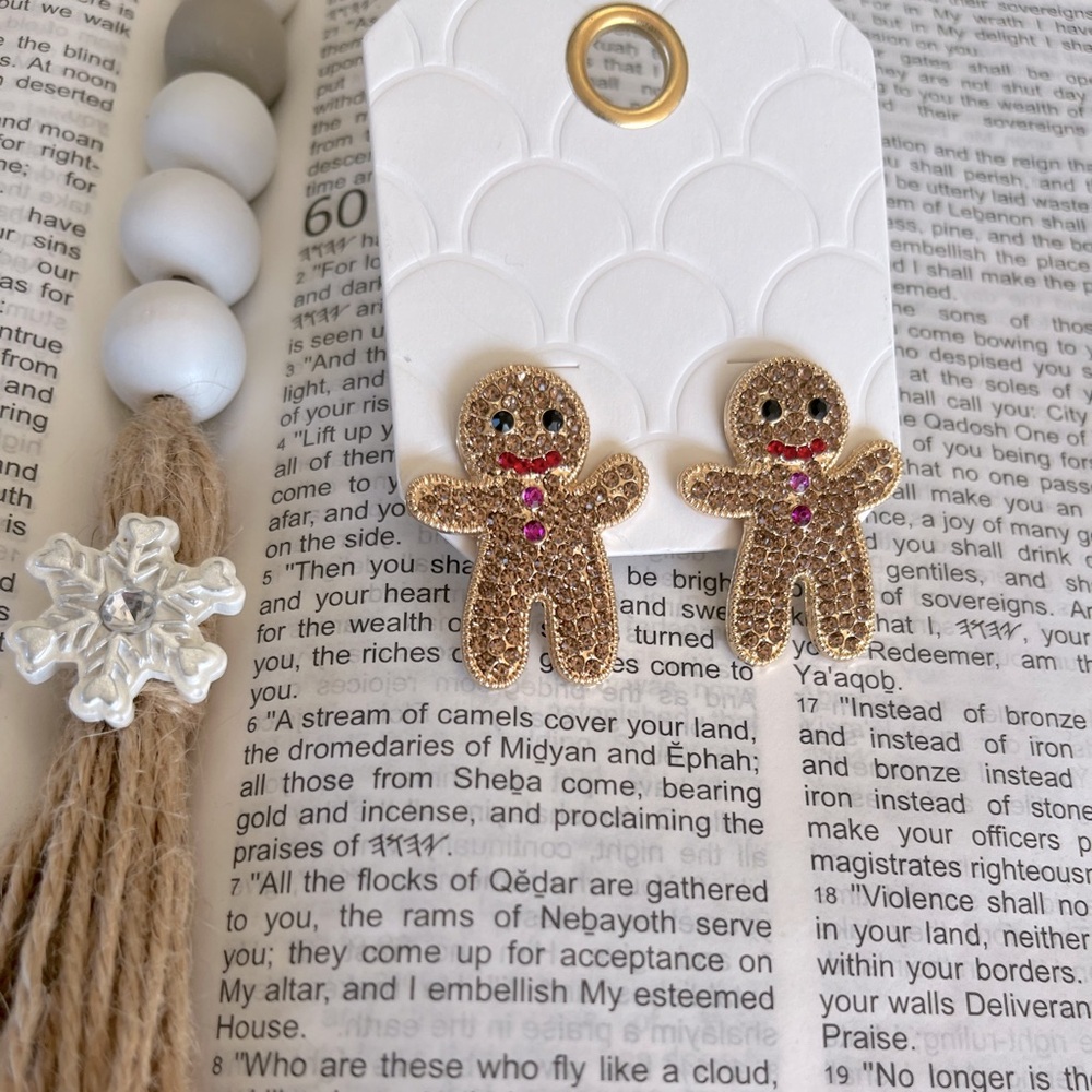 Adorable gold crystal gingerbread holiday Christmas earrings